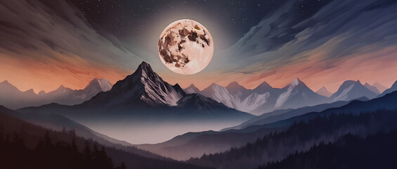 illustrazione di maestoso paesaggio con grande luna piena che sorge su un orizzonte di montagne e foreste, crepuscolo con nebbie - obrazy, fototapety, plakaty