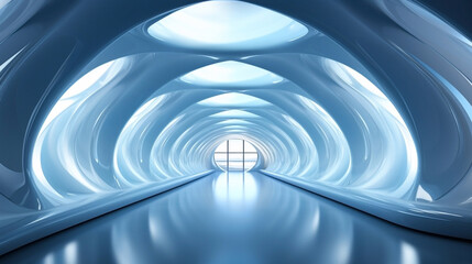 Abstract blue and white illustration of a futuristic tunnel. 3d render, architecture, design. Background, wallpaper.