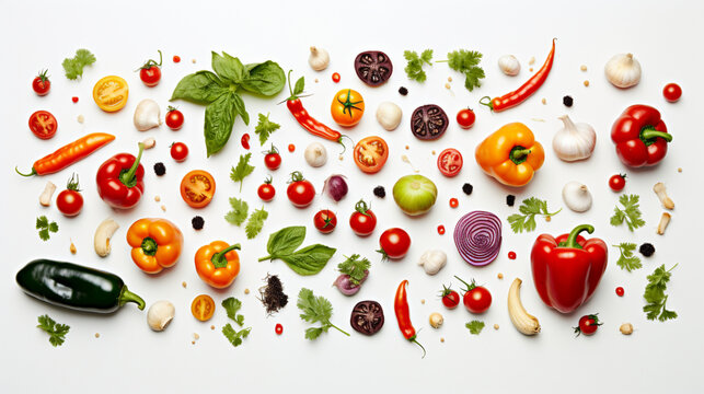 Top view vegetable and high vitamin food category with clear white background and spotlight for product presentation. Created using generative AI.