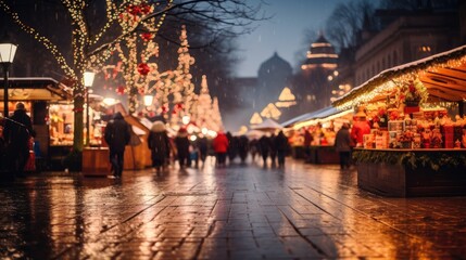 Fototapeta na wymiar Cityscape Wonderland: Step into the holiday spirit with a defocused Christmas market at night. The city comes alive with colorful lights and festive decorations, perfect for a winter celebration