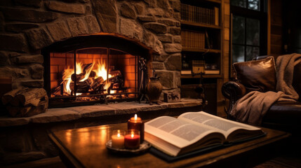 Cozy couch adorned with plush blankets, set against the warm ambiance of a flickering fireplace