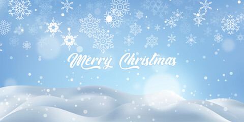 Festive Christmas natural snowy background with merry christmas text, abstract empty stage, snow, snowdrift and defocused Christmas lights on light blue background, copy space.