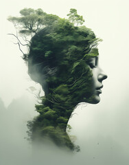 Calm and tranquility concept. Woman portrait and peaceful landscape in double exposure style, photorealistic illustration