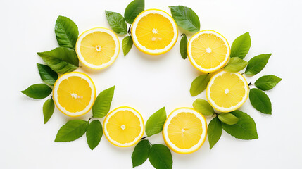 Round frame made with juicy lemons and green leaves, isolated on white background