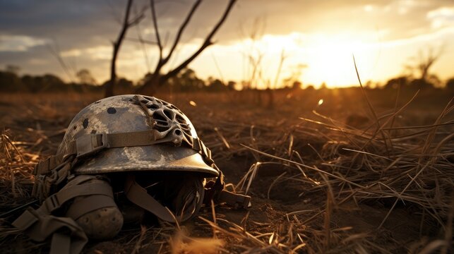 a soldier’s helmet abandoned in a barren battlefield, symbolizing the cost of war