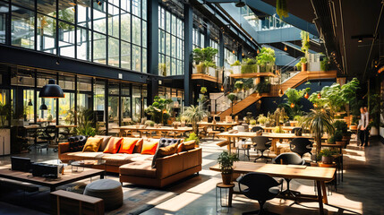 An entire warehouse restaurant filled with plants and couches - obrazy, fototapety, plakaty