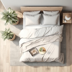 Bird's eye view shot, home mockup, bedroom in scandinavian style, 3d render. AI generated.
