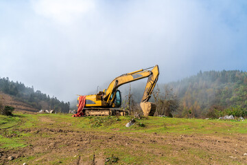 excavator deforested forest with trees cutting down.environment protection concept.