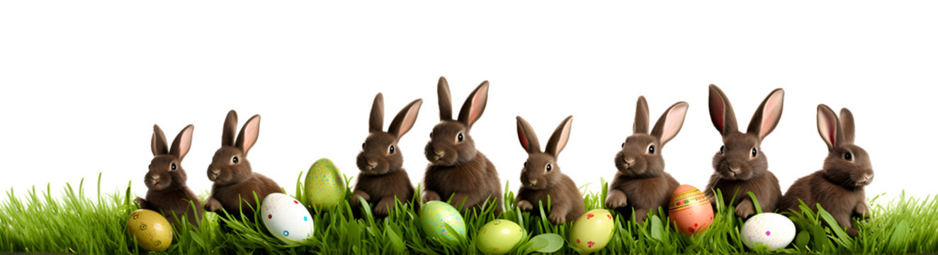 banni&egrave;re web avec herbe, lapins et oeufs de p&acirc;ques sur un fond transparent