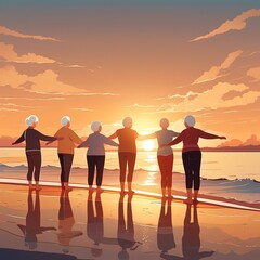 A group of elderly people are doing exercises at the seashore at sunset. Rear view. AI generated image.
