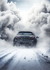Fototapeta na wymiar Drifting fast sports car on snowy wet road with skid, car accident, fire. Generative Ai.