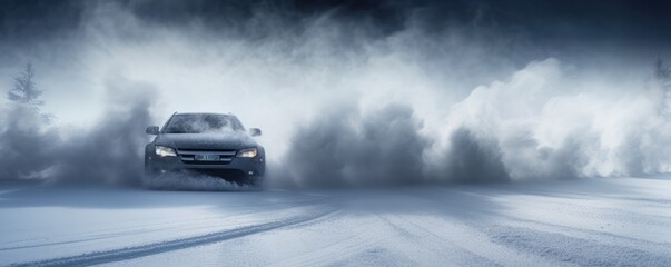 Fototapeta na wymiar Drifting car on snowy wet road with skid, car accident, fire, banner panorama. Generative Ai.