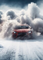 Drifting fast sports car on snowy wet road with skid, car accident, fire. Generative Ai.
