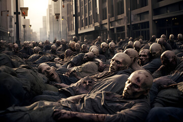 Zombie horde sleeping on a city street at day time. Not based on any actual person, scene or pattern. - obrazy, fototapety, plakaty