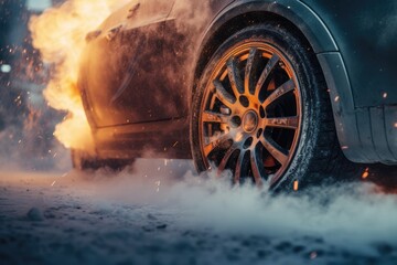Drifting fast sports car on snowy wet road with skid, car accident, fire. Generative Ai.