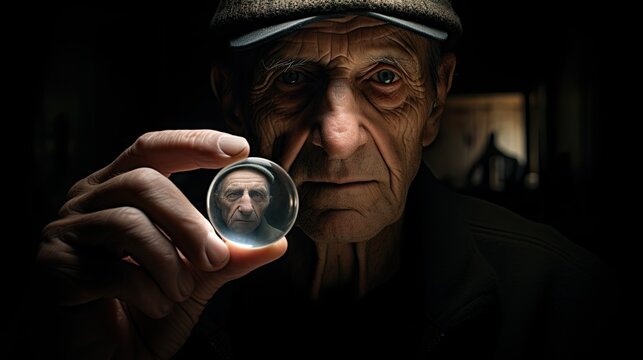 an elderly person’s hand holding a faded photograph of their younger self in the background