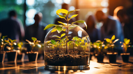 An image of a young plant in a glass dome with people surrounding - obrazy, fototapety, plakaty