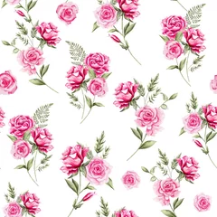 Schilderijen op glas Watercolor flowers pattern, pink roses, green leaves, white background, seamless © Leticia Back