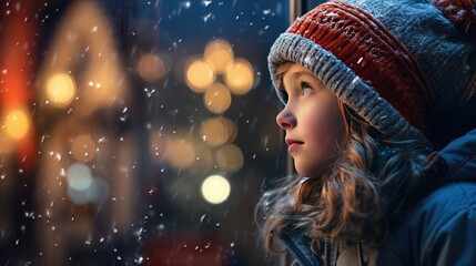 Emotional Christmas solitude: A sad child looks out the window at the enchanting night scene, deep...
