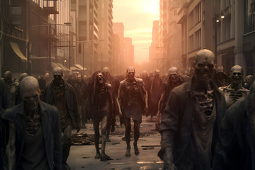 group of zombie walking slow at the city street at sunny morning or evening. Neural network generated image. Not based on any actual person, scene or pattern.