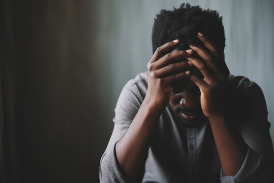 Sad and depressed african american man sitting on the bed in the bedroom.