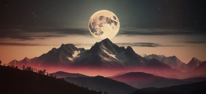 illustrazione di maestoso paesaggio con grande luna piena che sorge su un orizzonte di montagne e foreste, crepuscolo con nebbie