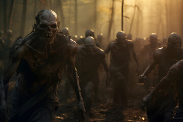 Fototapeta premium group of zombies in the forest at sunset or sunrise walking toward viewer. Neural network generated image. Not based on any actual person, scene or pattern.