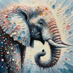 Obraz premium Textured polka dot painting, elephant, colorful raindrops, raised trunk, impressionistic.