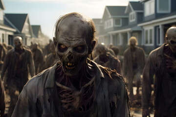 group of zombie at small town street at sunny morning. Neural network generated image. Not based on any actual person, scene or pattern.