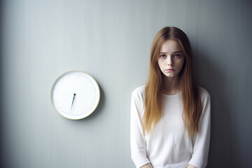 Young girl showing signs of anorexia with a background clock - obrazy, fototapety, plakaty