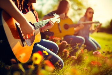 Friends playing guitars and enjoying music outdoors in nature - obrazy, fototapety, plakaty