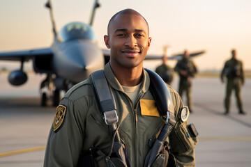 Portrait of a modern fighter pilot. A young African American pilot poses against the backdrop of a modern fighter jet.