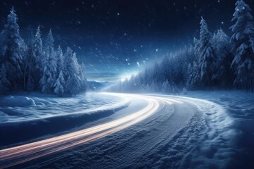 Winter snowy wet road in the snowing winter season with lights. Generative Ai.