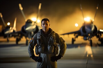 Night portrait of a modern fighter pilot. A serious young Caucasian pilot posing against the backdrop of a modern fighter jets. - obrazy, fototapety, plakaty