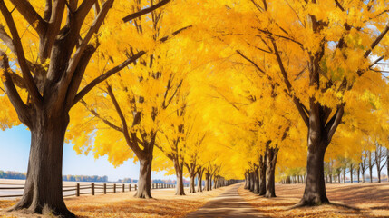 Path lined with vibrant trees in their autumn foliage, creating a picturesque and serene walkway