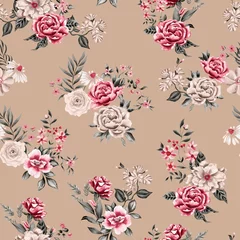 Poster Watercolor flowers pattern, red bouquets of roses, green leaves, gold background, seamless © Leticia Back