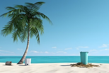 trash on tropical beach view at sunny day with white sand, turquoise water and palm tree. Neural network generated image. Not based on any actual scene or pattern.