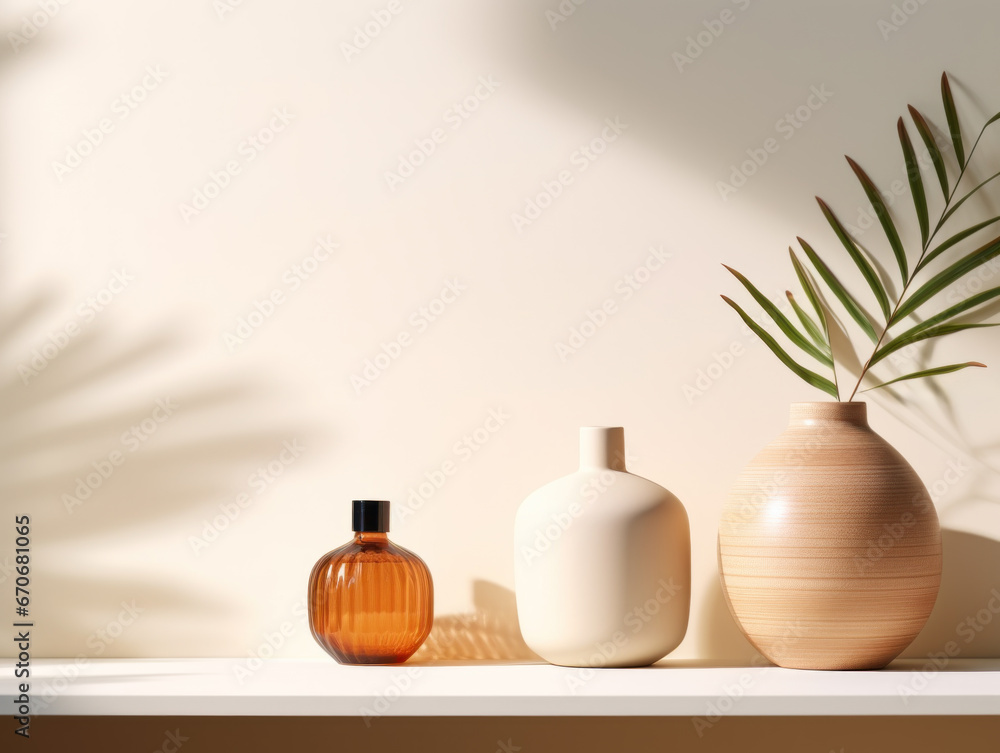 Poster elegant minimalist vases displayed on a shelf with shadow and light play