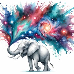 Obraz premium Elephant, centered. Cosmic explosion from trunk. Vivid colors: blues, reds, purples. Stars, galaxies within mist. Surreal, vibrant. Contrast: realism and fantasy.