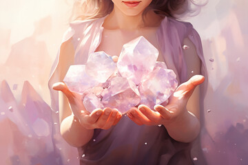 Female hand holding pink and purple crystals, dreamy atmosphere - obrazy, fototapety, plakaty