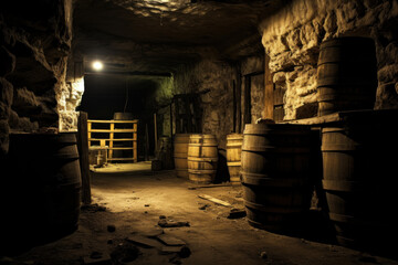 Old musty barrels in a dark and abandoned cellar - obrazy, fototapety, plakaty