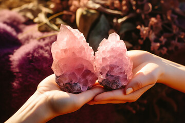 Female hand holding pink and purple crystals, dreamy atmosphere