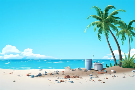 trash on tropical beach view at sunny day with white sand, turquoise water and palm tree. Neural network generated image. Not based on any actual scene or pattern.