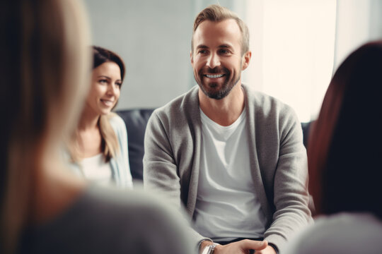 Man participating in a supportive community group session in a rehabilitation center
