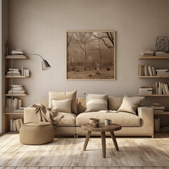 Home mockup, living room in scandinavian style, 3d render. AI generated.