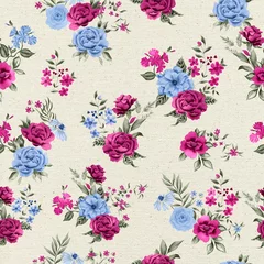 Poster Watercolor flowers pattern, pink and blue tropical elements, green leaves, white background, seamless © Leticia Back