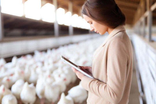Woman using tablet in a poultry farm with chickens around