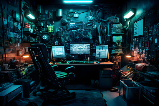 Messy and dark hi-tech cyberpunk hacker hideout room. Neural network generated image. Not based on any actual person or scene.