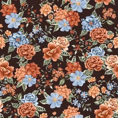 Zelfklevend Fotobehang Watercolor flowers pattern, orange and blue romantic roses, green leaves, brown background, seamless © Leticia Back