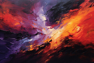 Abstract colorful painting black, orange, yellow, purple, red. Generative AI.
